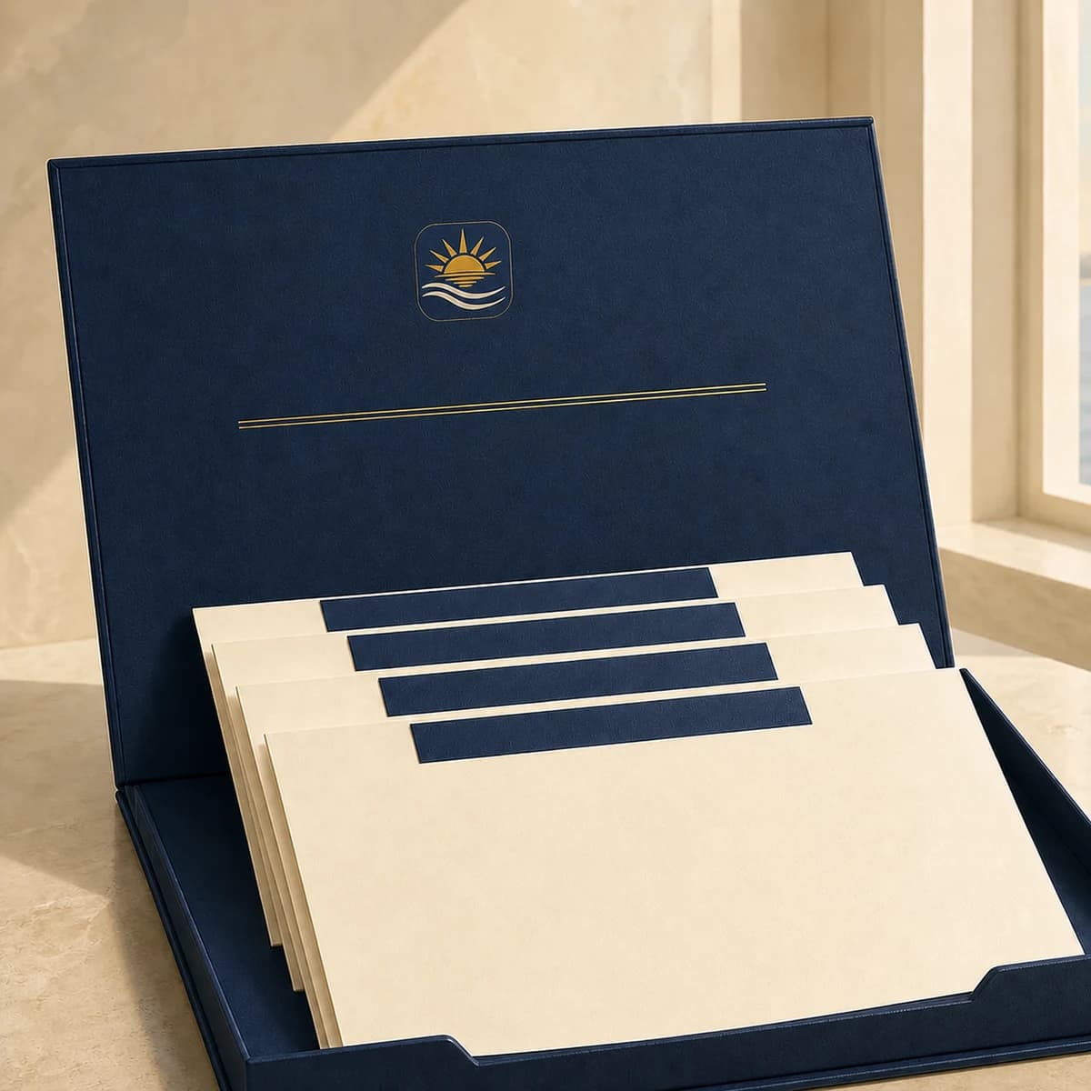 Five blank document folios arranged in a navy presentation case